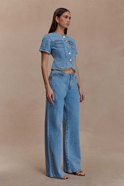Marge Fitted Denim Short Sleeve Top - Classic Blue