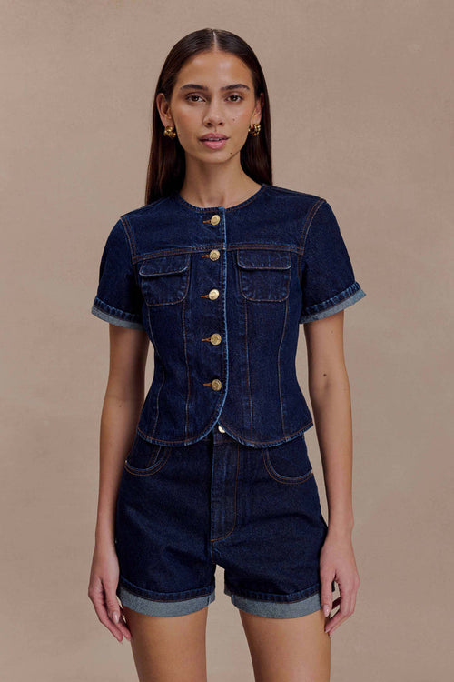 Marge Fitted Denim Short Sleeve Top - Indigo Blue