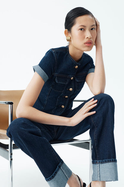 Marge Fitted Denim Short Sleeve Top - Indigo Blue