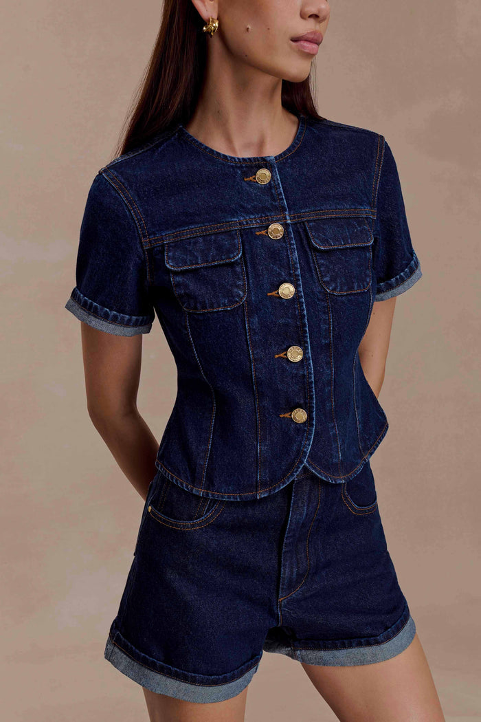 Marge Fitted Denim Short Sleeve Top - Indigo Blue