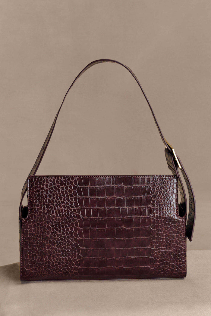 Maria Faux Leather Crocodile Shoulder Bag - Chocolate