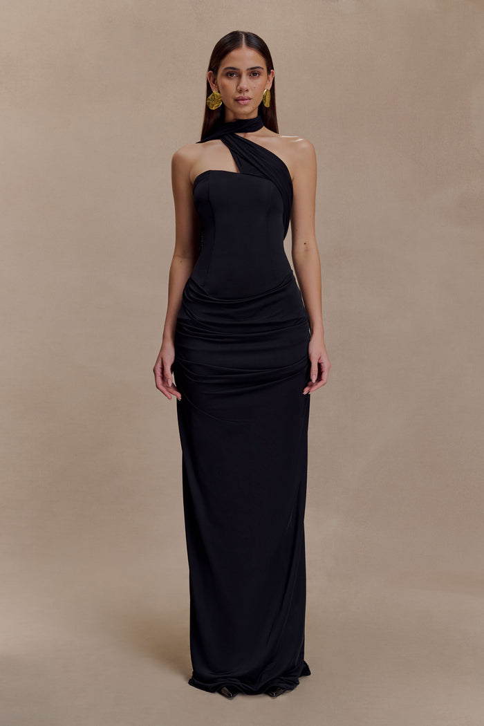Mattea Slinky And Mesh Maxi Dress With Scarf - Black