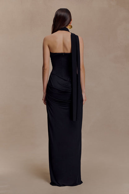 Mattea Slinky And Mesh Maxi Dress With Scarf - Black