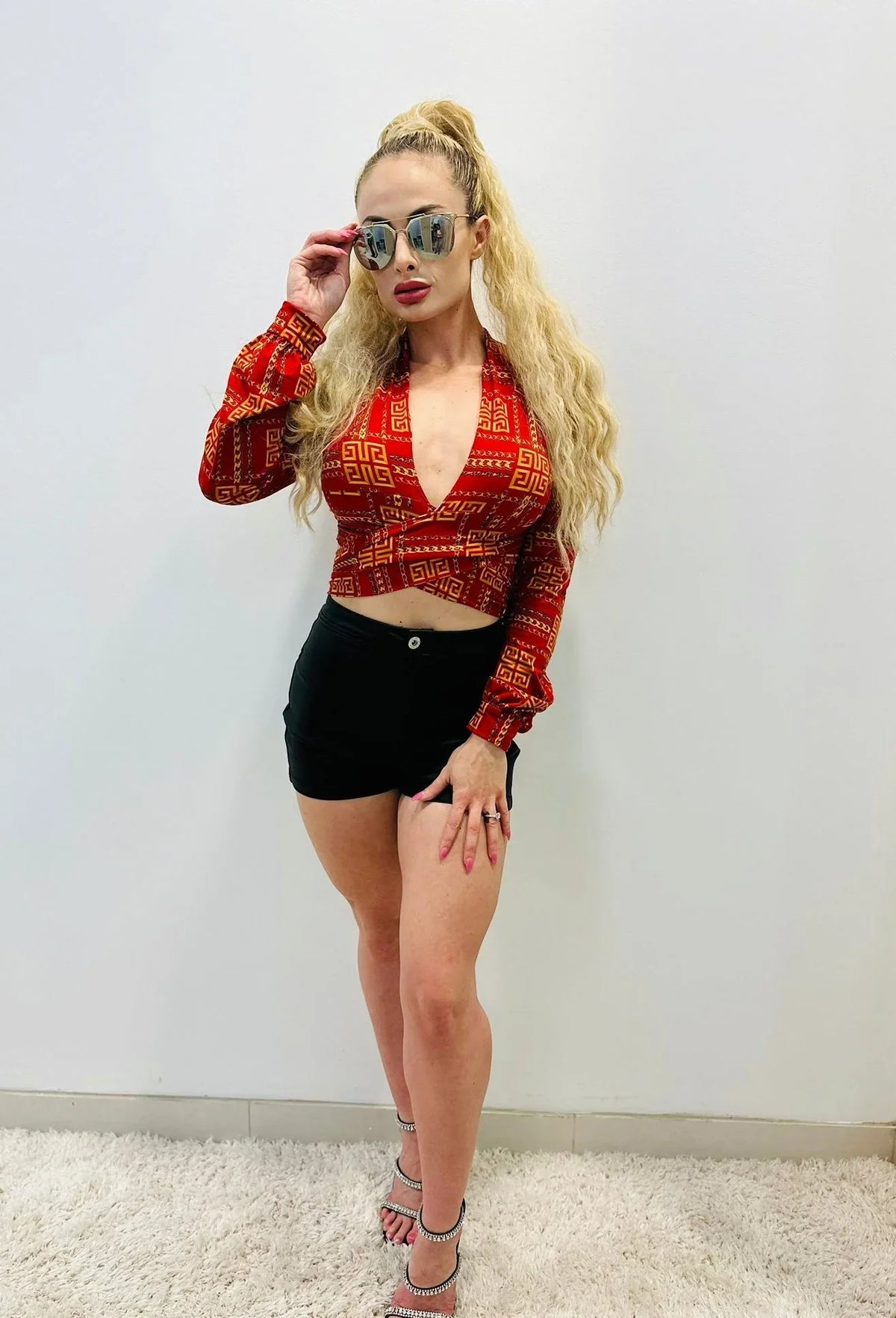 Milan Red Crop Top with Wrap Front and Long Sleeves