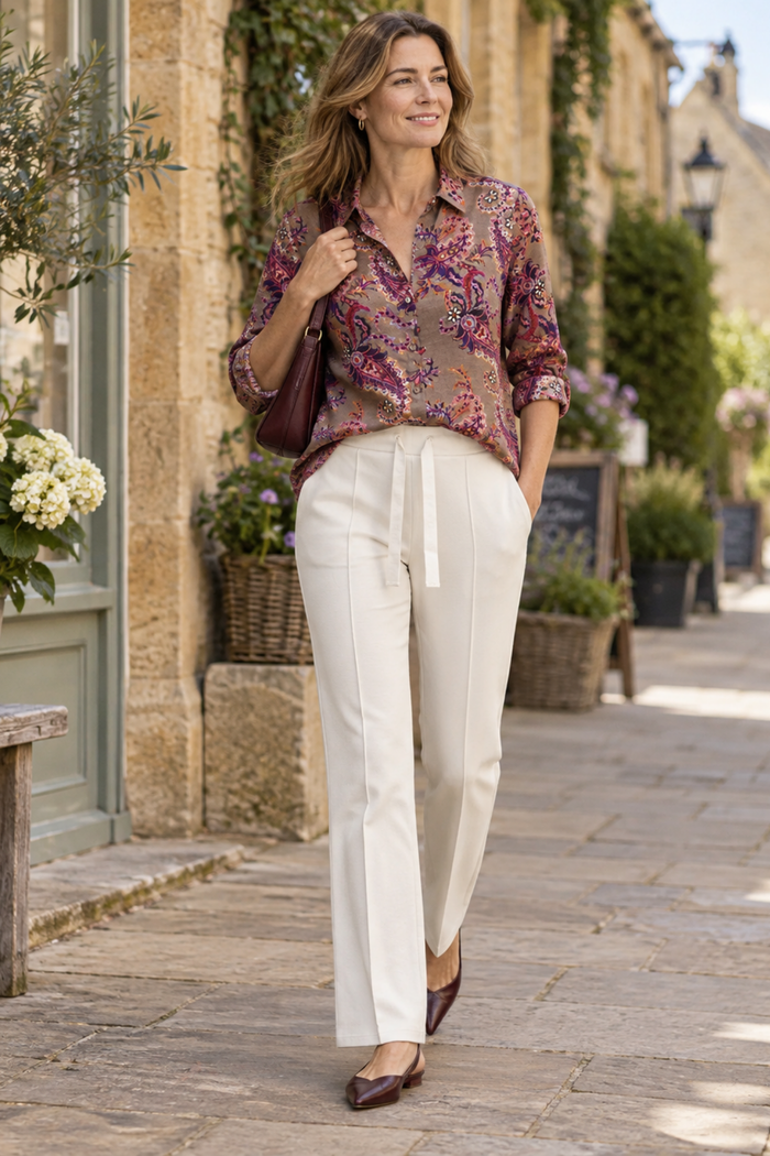 Woman wearing Milano 63-6562-3655 Fuchsia Paisley Print Shirt Blouse by MILANO Shop MILANO at Dotique