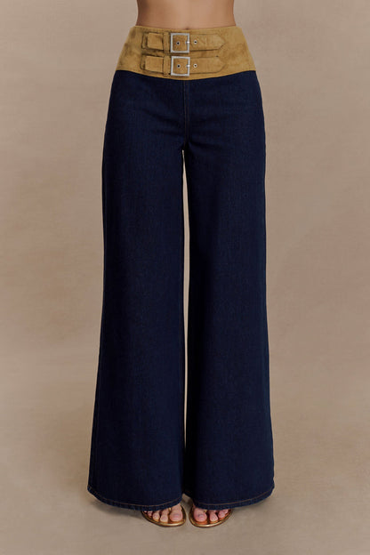 Miranda Faux Suede Belted Denim Wide Leg Jeans - Indigo Blue