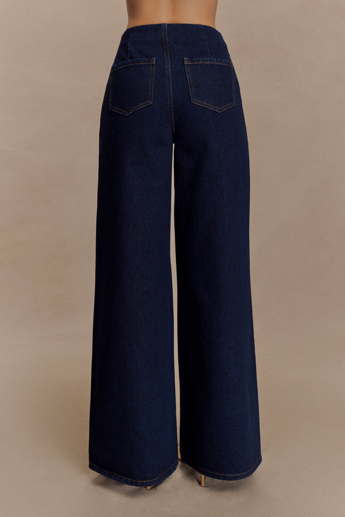 Miranda Faux Suede Belted Denim Wide Leg Jeans - Indigo Blue