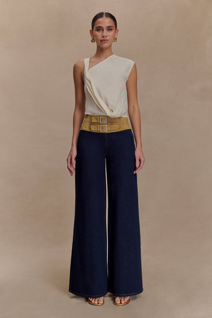 Miranda Faux Suede Belted Denim Wide Leg Jeans - Indigo Blue