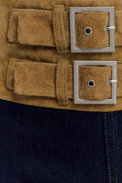 Miranda Faux Suede Belted Denim Wide Leg Jeans - Indigo Blue