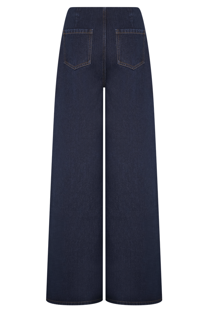 Miranda Faux Suede Belted Denim Wide Leg Jeans - Indigo Blue