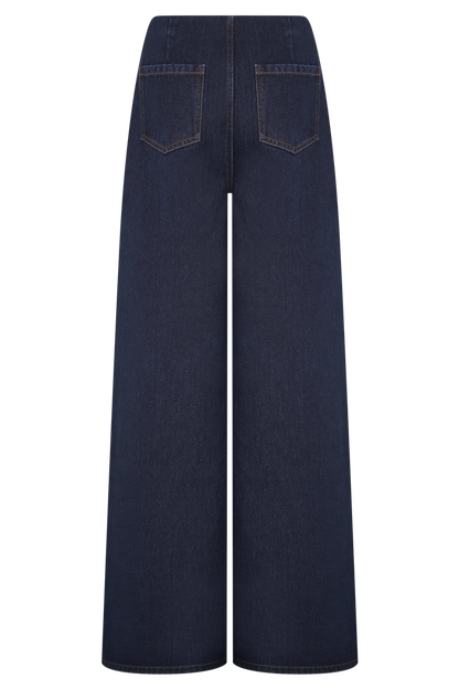 Miranda Faux Suede Belted Denim Wide Leg Jeans - Indigo Blue