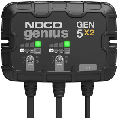NOCO Genius On-Board Chargers black compact dual-port battery charger with LED indicators and multiple charging modes for 12V AGM, lithium, and repair settings.