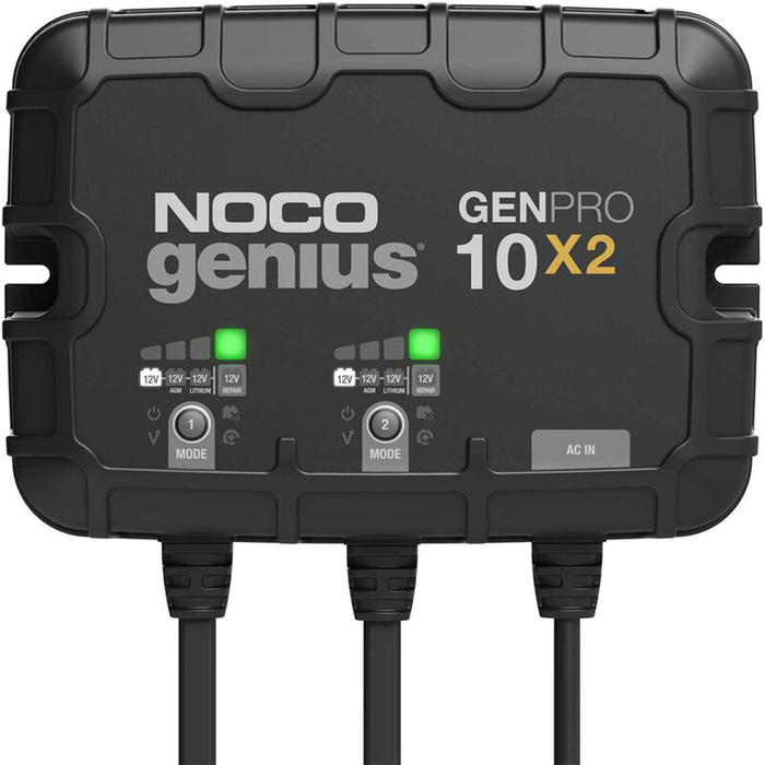 NOCO Genius On-Board Chargers in black with dual control modes, LED indicators, and multiple cable connections designed for marine electronics and fishing tackle power management.