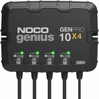 NOCO Genius On-Board Chargers in black with multiple LED indicators and four connected charging cables, designed for marine electronics and fishing tackle power management.