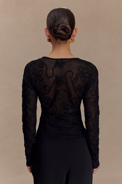 Omari Embroidery Long Sleeve Knit Top - Black