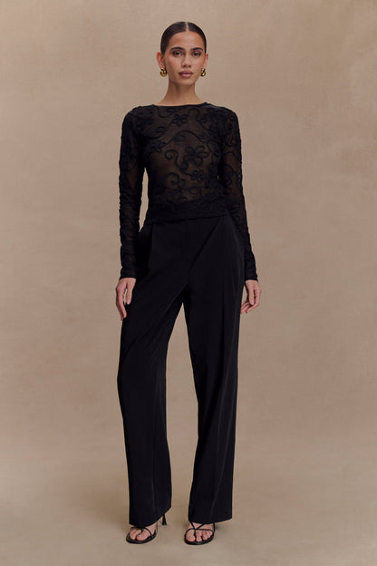 Omari Embroidery Long Sleeve Knit Top - Black