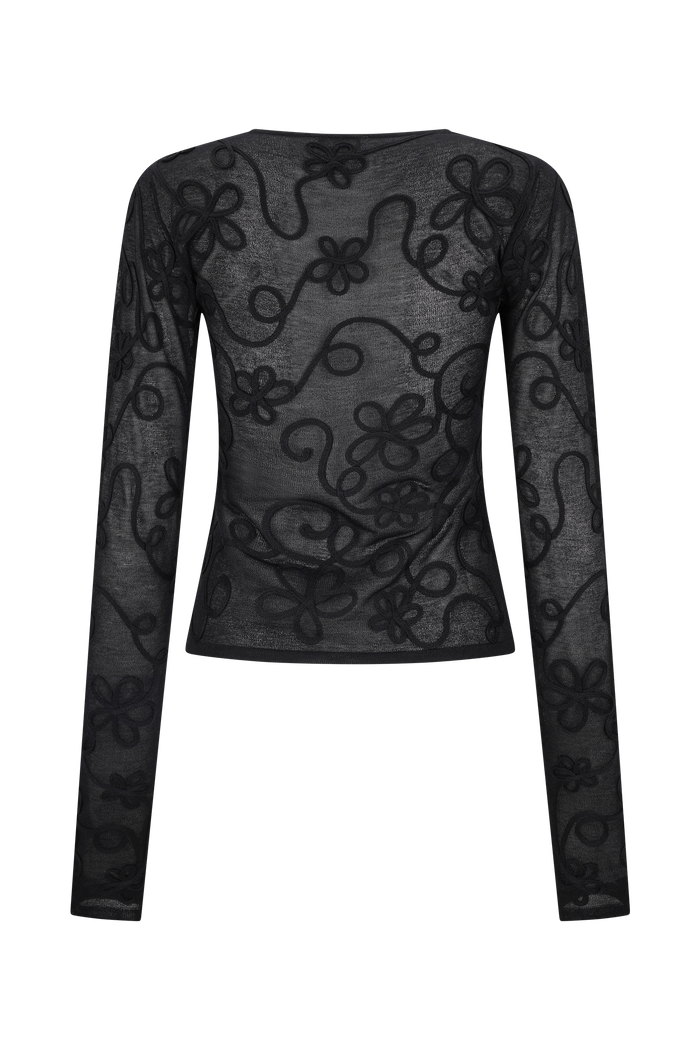 Omari Embroidery Long Sleeve Knit Top - Black