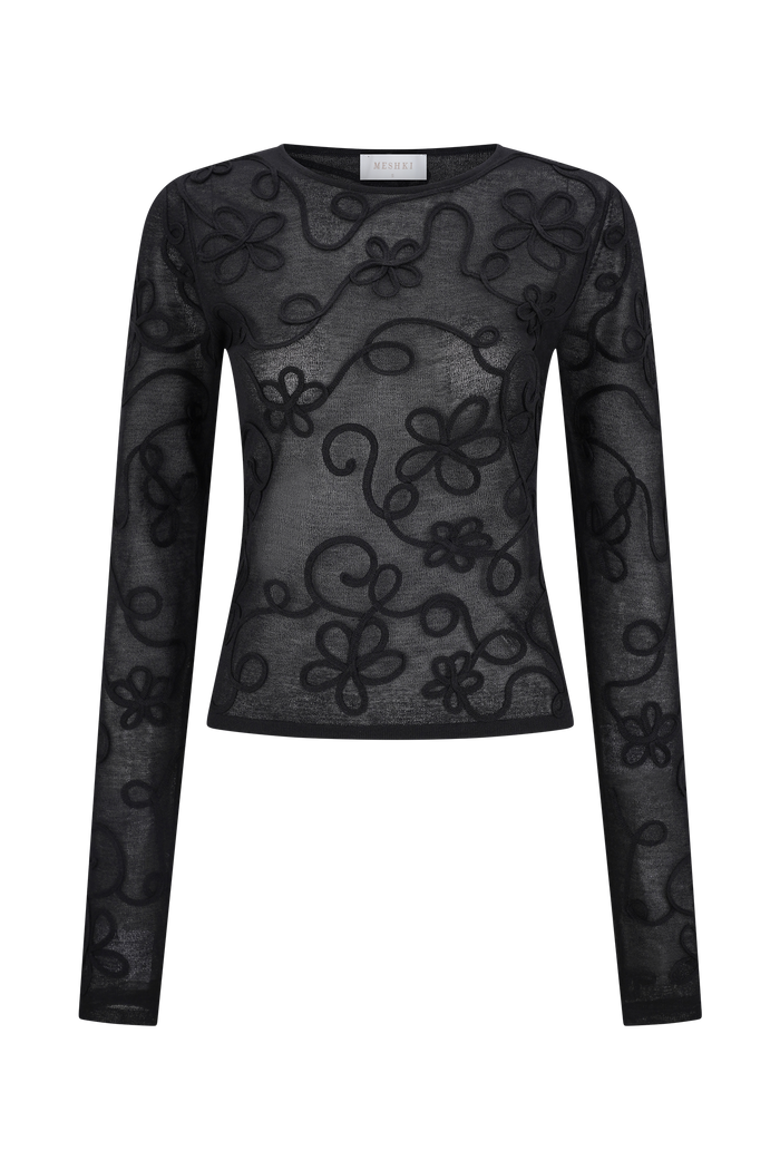 Omari Embroidery Long Sleeve Knit Top - Black