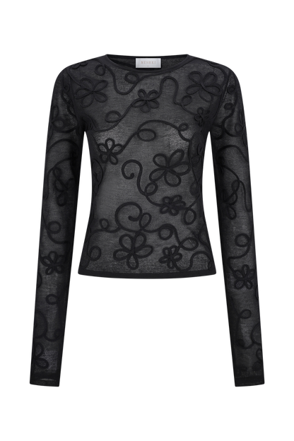Omari Embroidery Long Sleeve Knit Top - Black