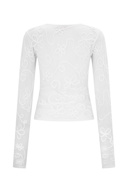 Omari Embroidery Long Sleeve Knit Top - Ivory