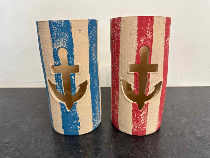 Pair of Red & Blue Striped Clay Anchor Luminaries