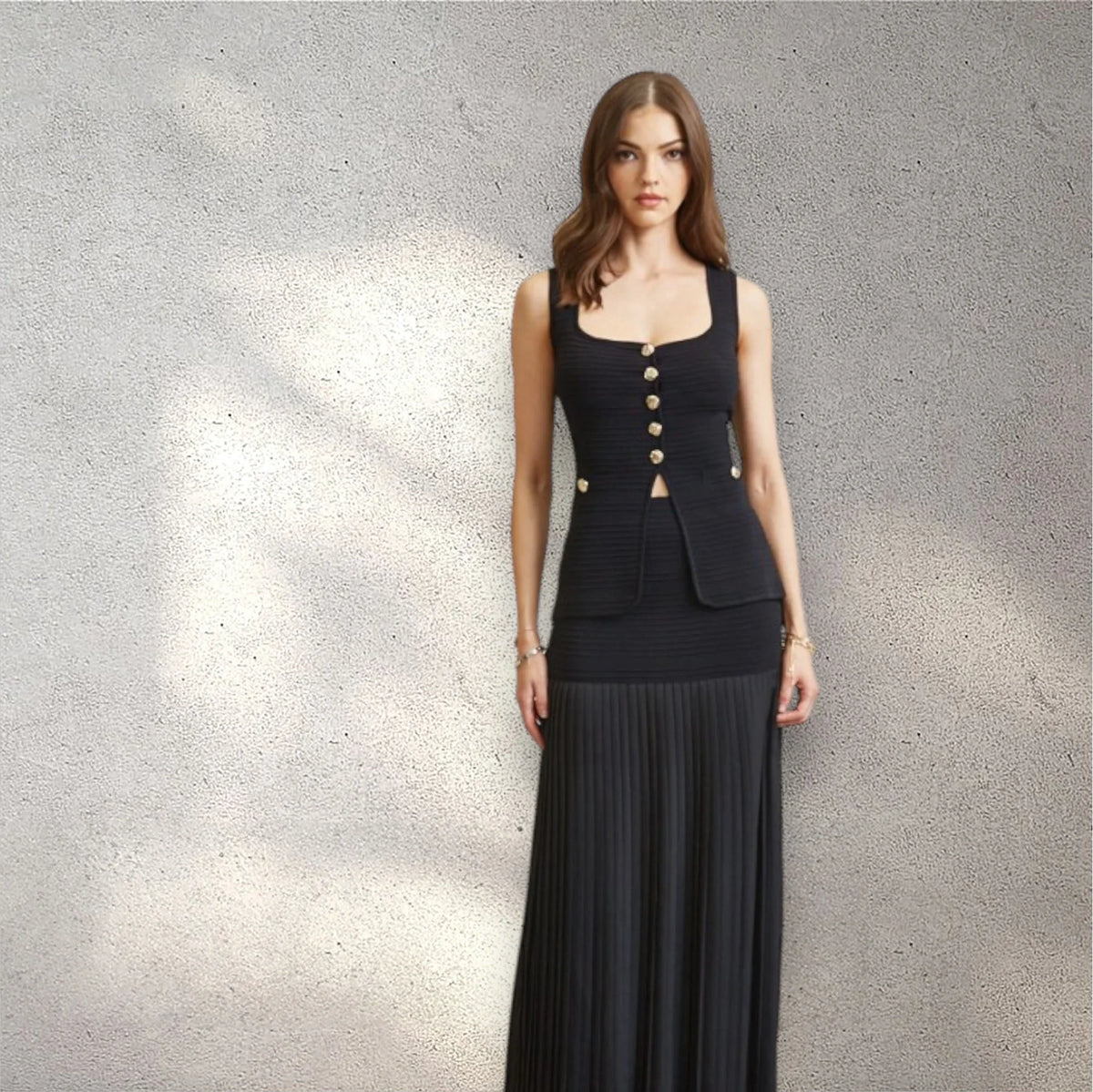 Parisian Pleat Elegance 2-Piece Skirt Set - Black
