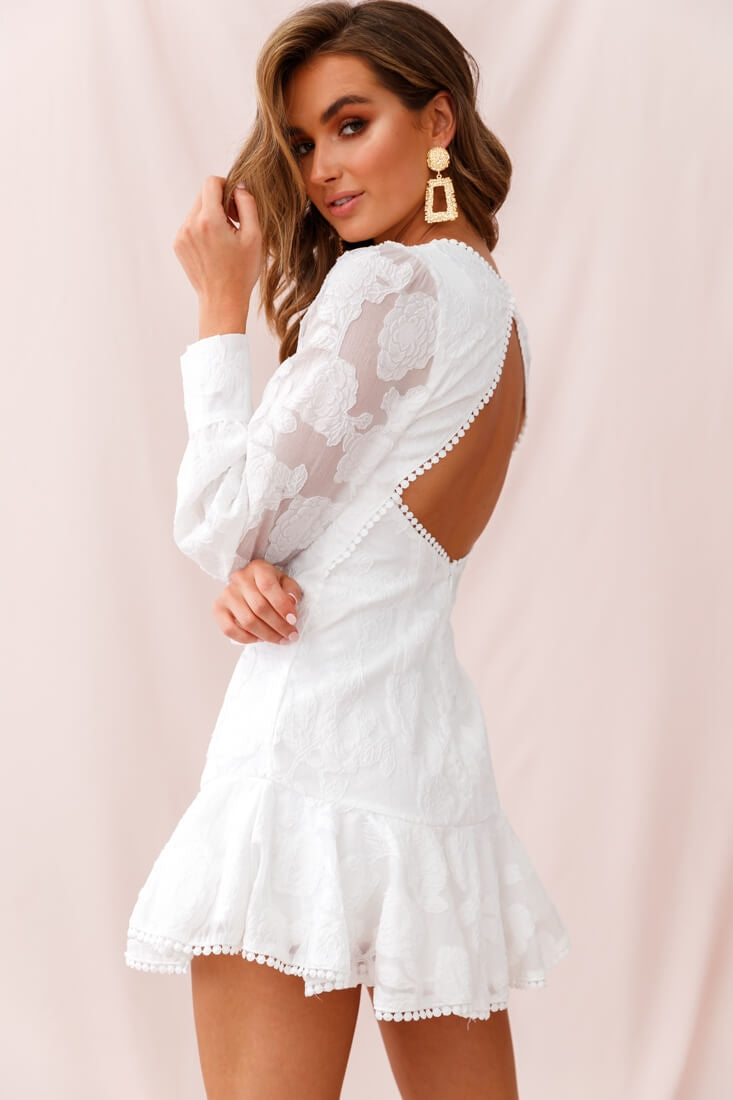 Camellia Open Back Cuff Sleeve Dress White