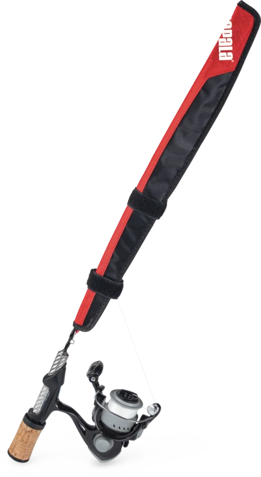 Rapala Ice Rod Protector in red and black fabric secured with straps on a fishing rod and reel featuring a cork handle and spinning reel for ice fishing tackle.