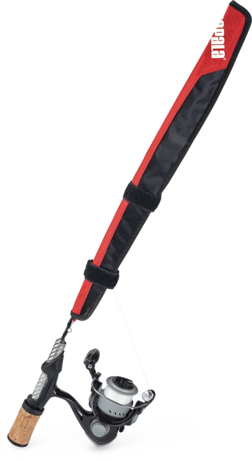 Rapala Ice Rod Protector in red and black fabric secured with straps on a fishing rod and reel featuring a cork handle and spinning reel for ice fishing tackle.