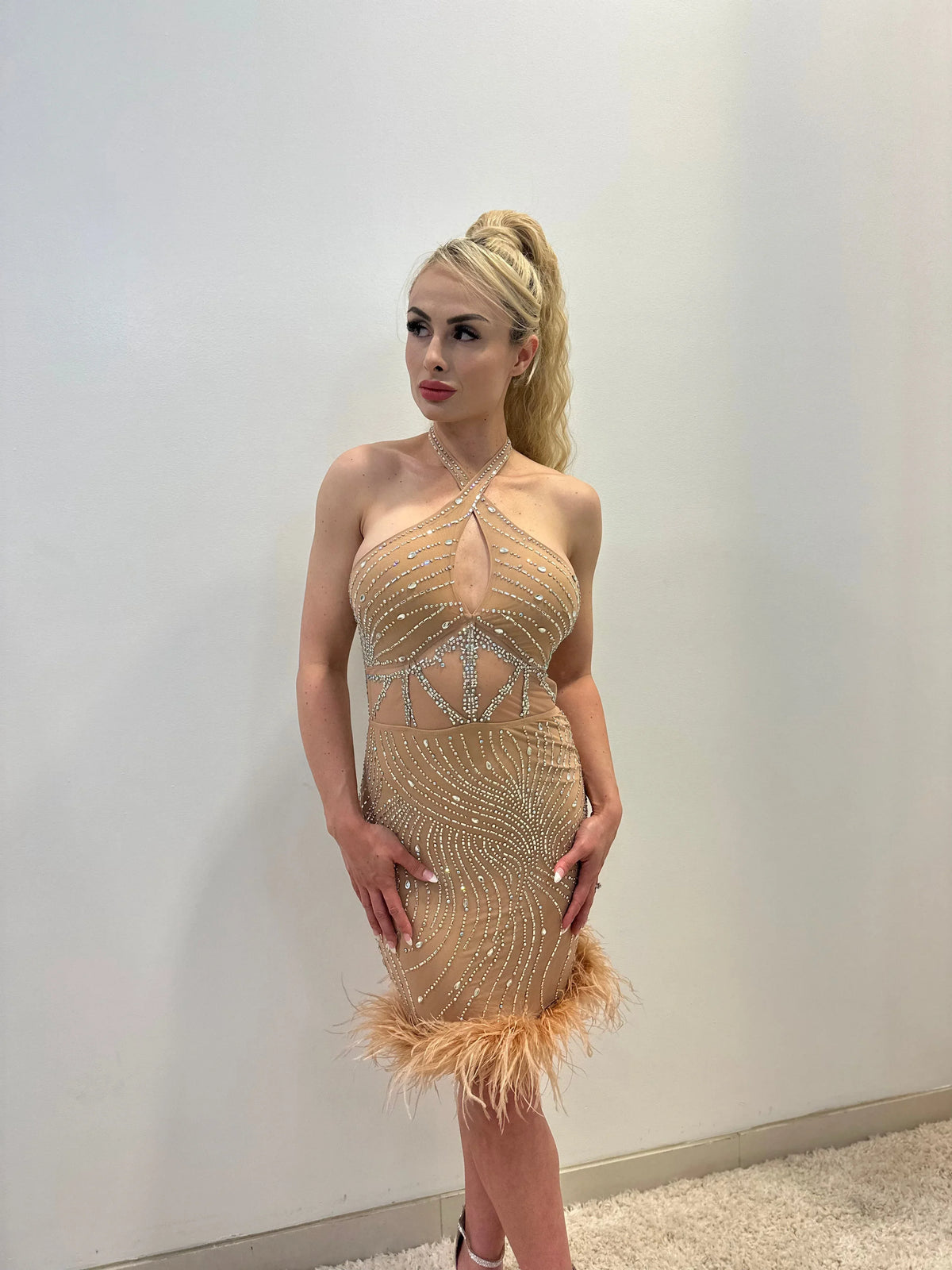 Rhinestone Feather Hem Nude Mini Dress – Bodycon Glam