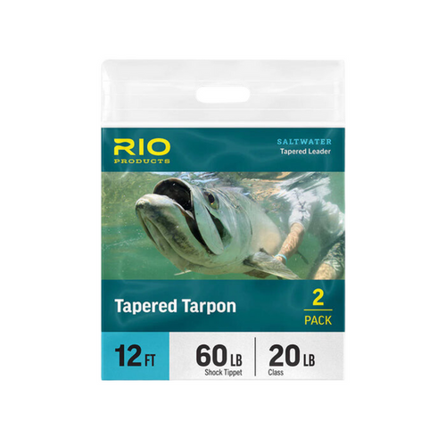 Packaging of Rio Tapered Tarpon Leader 2 Pack featuring image of a tarpon fish underwater, indicating 12-foot length, 60 lb shock tippet, and 20 lb class for saltwater fishing tackle.