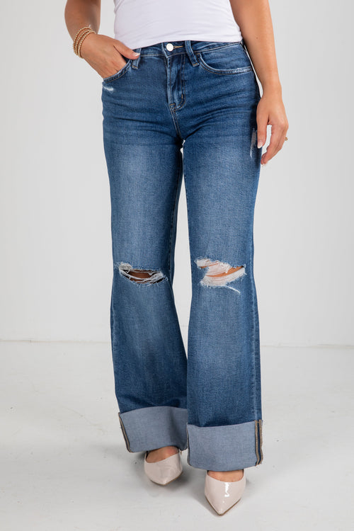 Audrey Medium Wash High-Rise Cuffed Wide Leg Jeans