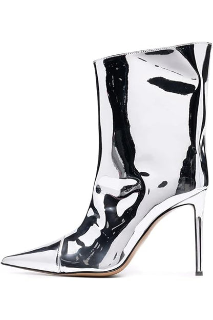 Slanted Metallic Ankle Length High Heel Boots