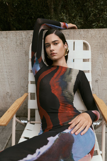 Soraya Long Sleeve Mesh Maxi Dress - Multi Fluid Reverie Print