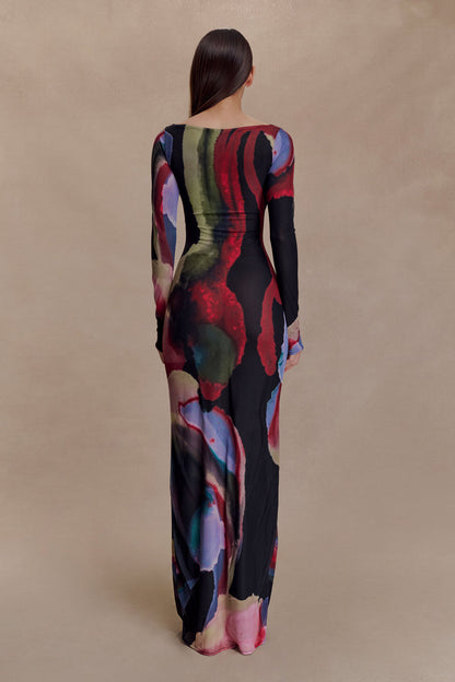 Soraya Long Sleeve Mesh Maxi Dress - Multi Fluid Reverie Print