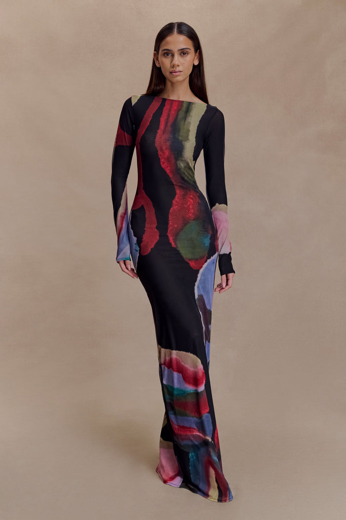 Soraya Long Sleeve Mesh Maxi Dress - Multi Fluid Reverie Print