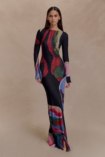 Soraya Long Sleeve Mesh Maxi Dress - Multi Fluid Reverie Print