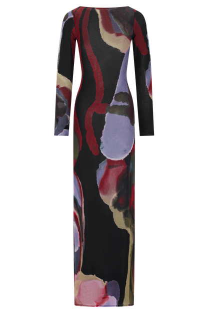 Soraya Long Sleeve Mesh Maxi Dress - Multi Fluid Reverie Print