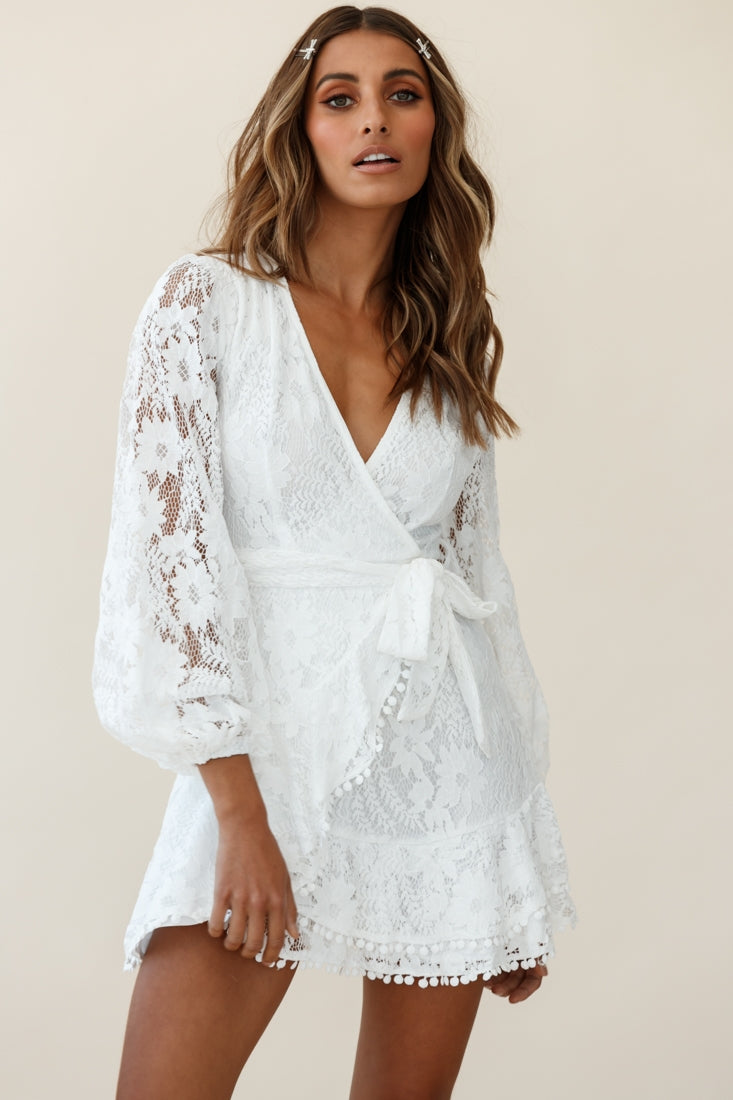 Cami Balloon Sleeve Faux Wrap Dress Lace White