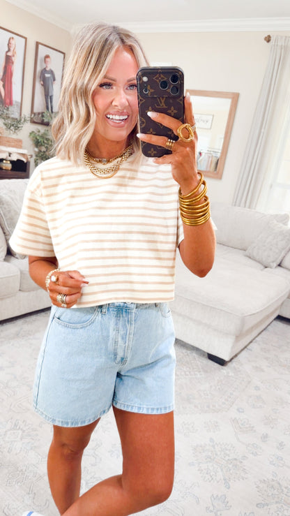 The Essential Cropped Stripe Tee-Taupe
