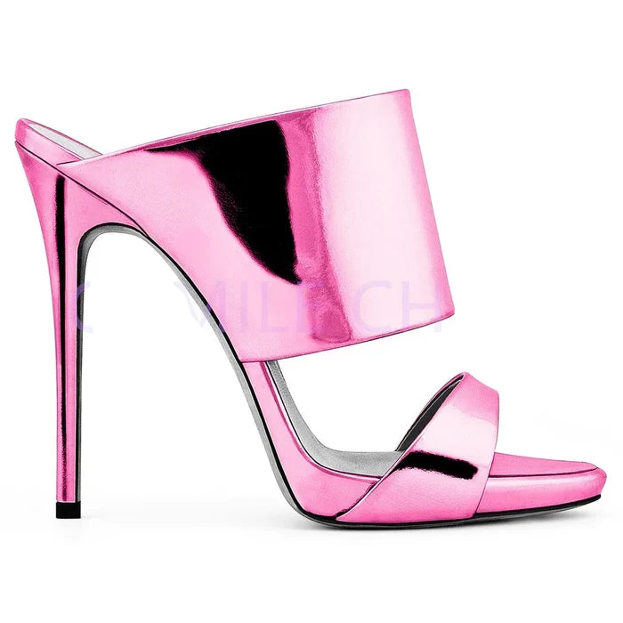 Thick Strap Metallic Slip-On Stiletto Sandals