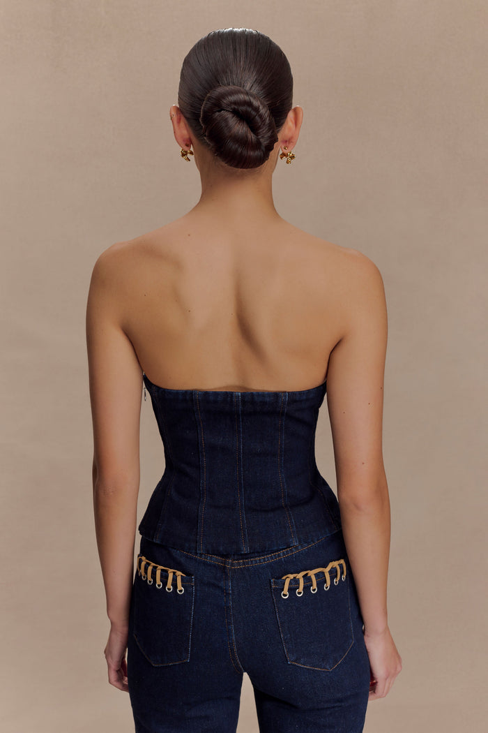 Tully Strapless Topstitch Denim Top - Indigo Blue