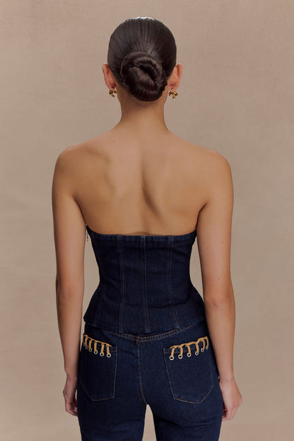 Tully Strapless Topstitch Denim Top - Indigo Blue