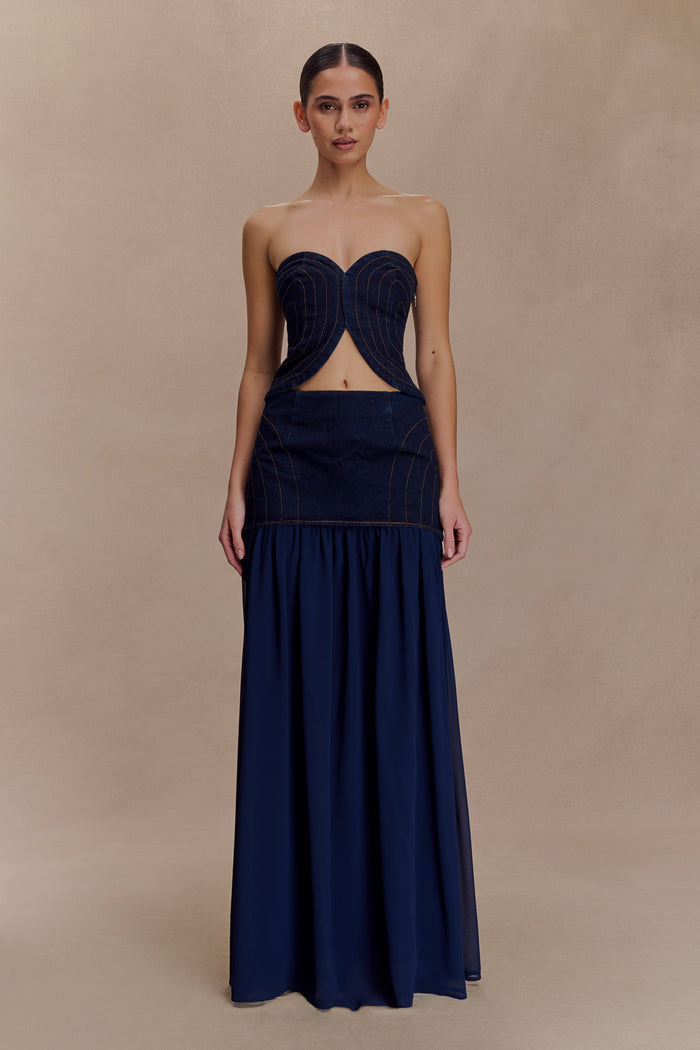 Tully Strapless Topstitch Denim Top - Indigo Blue