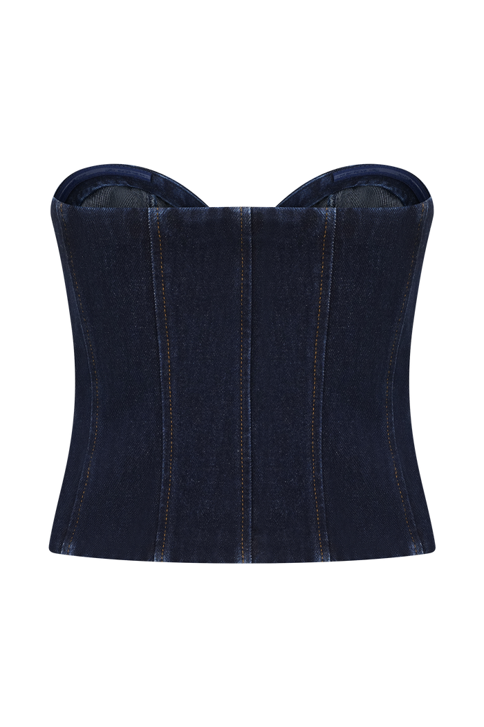 Tully Strapless Topstitch Denim Top - Indigo Blue