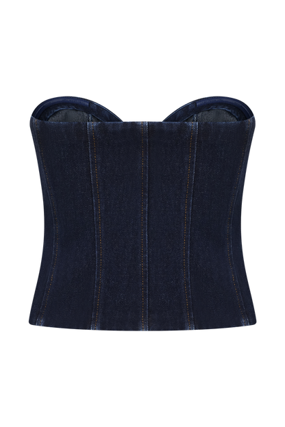 Tully Strapless Topstitch Denim Top - Indigo Blue