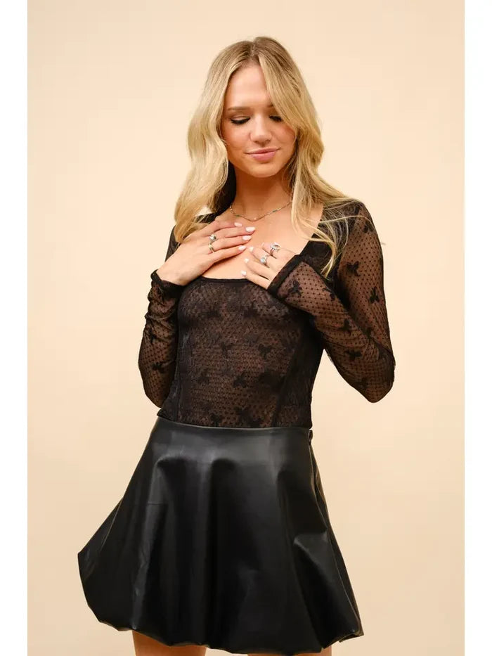 Women's L/S Bow Pattern Mesh Bodysuit in Black