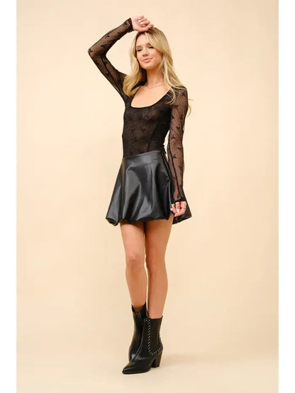 Women's L/S Bow Pattern Mesh Bodysuit in Black