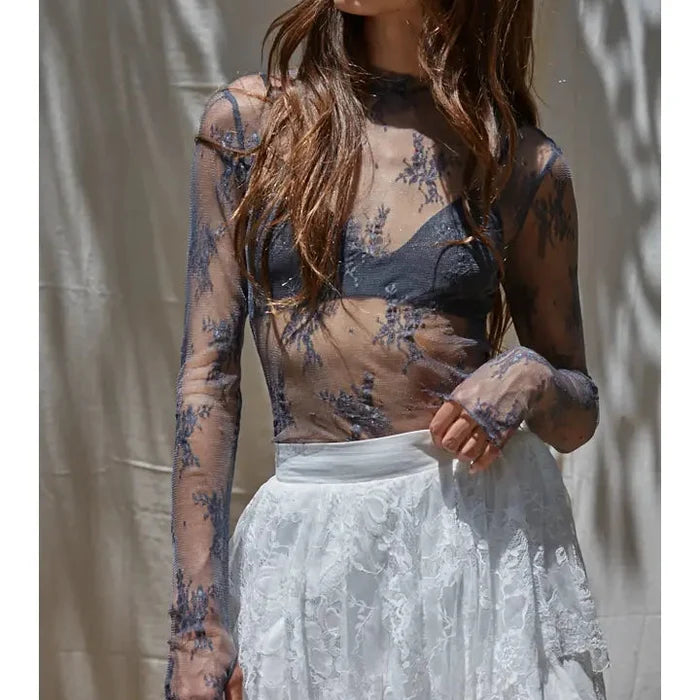 Women's L/S Sheer Floral Lace Mock Neck Mesh Top (Available in 4 Colors)