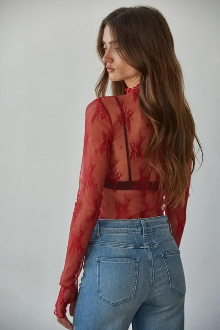 Women's L/S Sheer Floral Lace Mock Neck Mesh Top (Available in 4 Colors)